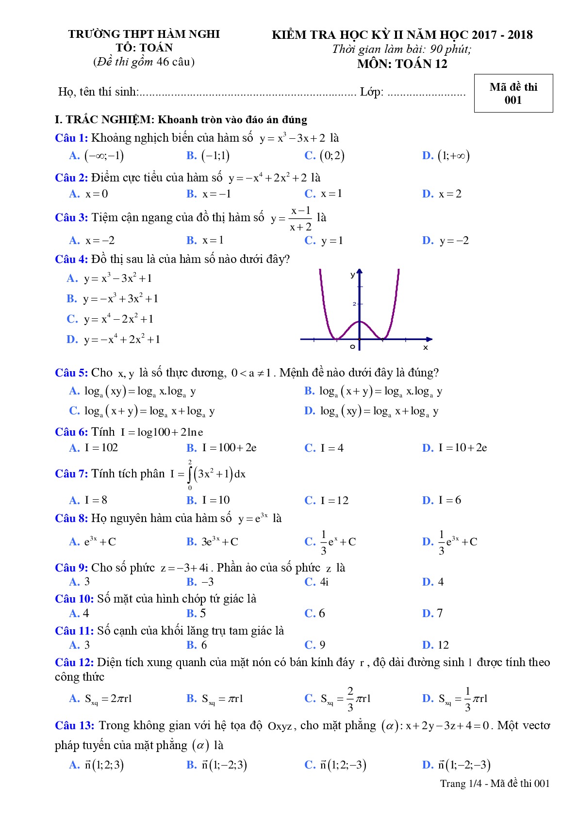 Đề 6: Đề thi HKII Toán 12 năm học 2017 – 2018 trường THPT Hàm Nghi – Hà Tĩnh Mã đề 001