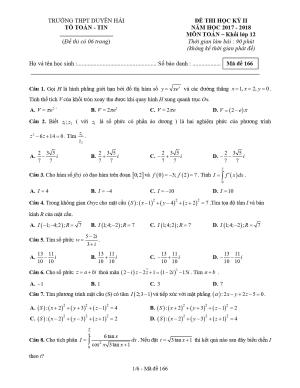 Đề 10:  Đề thi học kỳ II Toán 12 năm 2017 – 2018 trường THPT Duyên Hải – Trà Vinh Mã đề 166