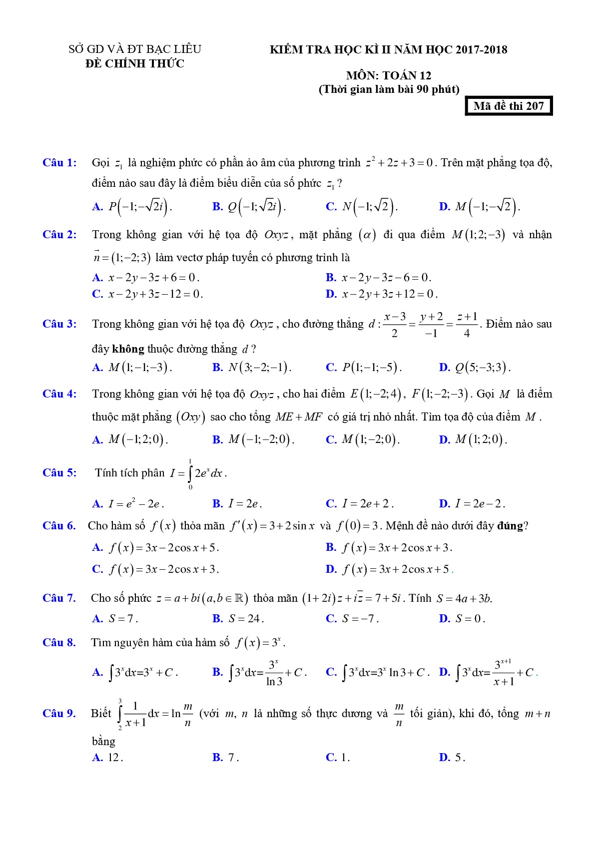 Đề 15: Đề thi học kỳ 2 Toán 12 năm học 2017 – 2018 sở GD và ĐT Bạc Liêu Mã đề 207
