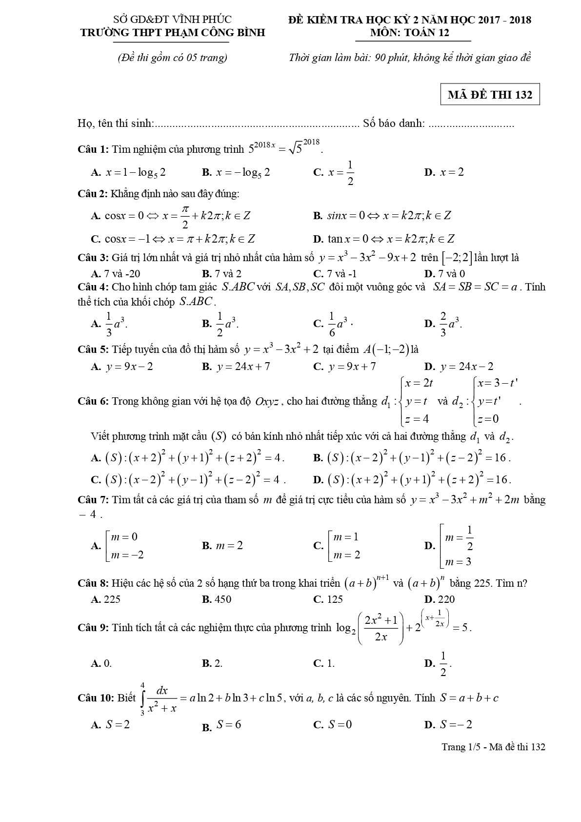 Đề 1:  Đề kiểm tra HK2 Toán 12 năm 2017 – 2018 trường Phạm Công Bình – Vĩnh Phúc Mã đề 132