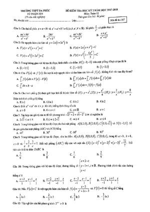 Đề 12:  Đề thi học kỳ 2 Toán 12 năm học 2017 – 2018 trường THPT Đa Phúc – Hà Nội mã đề 357
