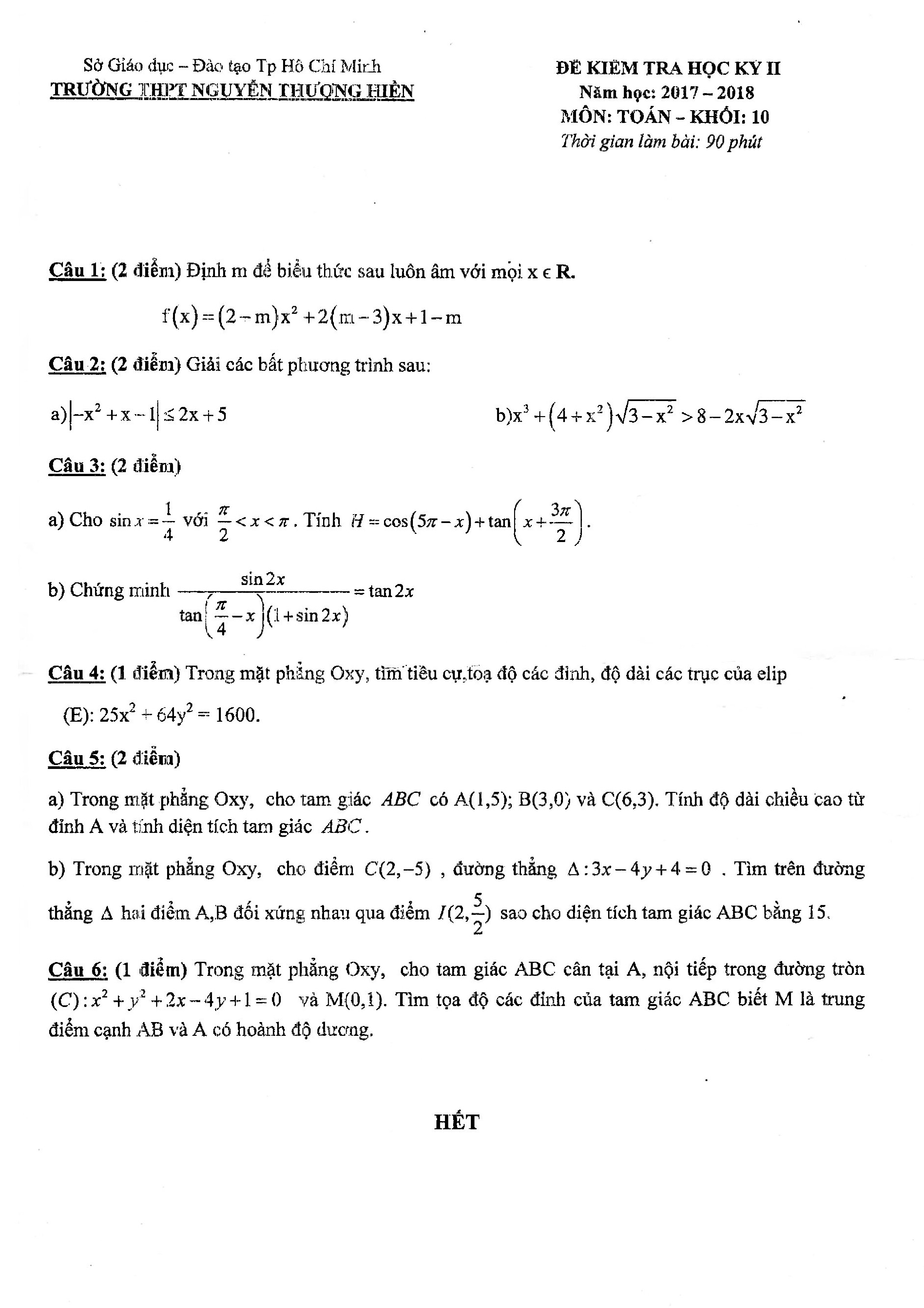 Đề 2: Đề kiểm tra học kỳ 2 Toán 10 năm 2017 – 2018 trường Nguyễn Thượng Hiền – TP. HCM