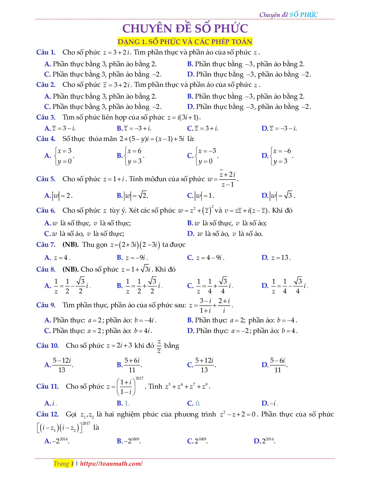 Trắc nghiệm số phức (có đáp án và lời giải chi tiết)