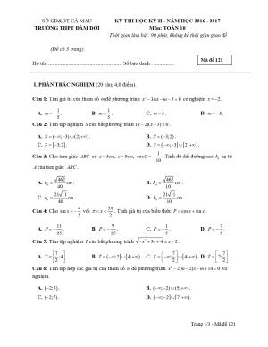 Đề 6: Đề thi HK2 Toán 10 năm học 2016 - 2017 trường THPT Đầm Dơi - Cà Mau Mã đề 121