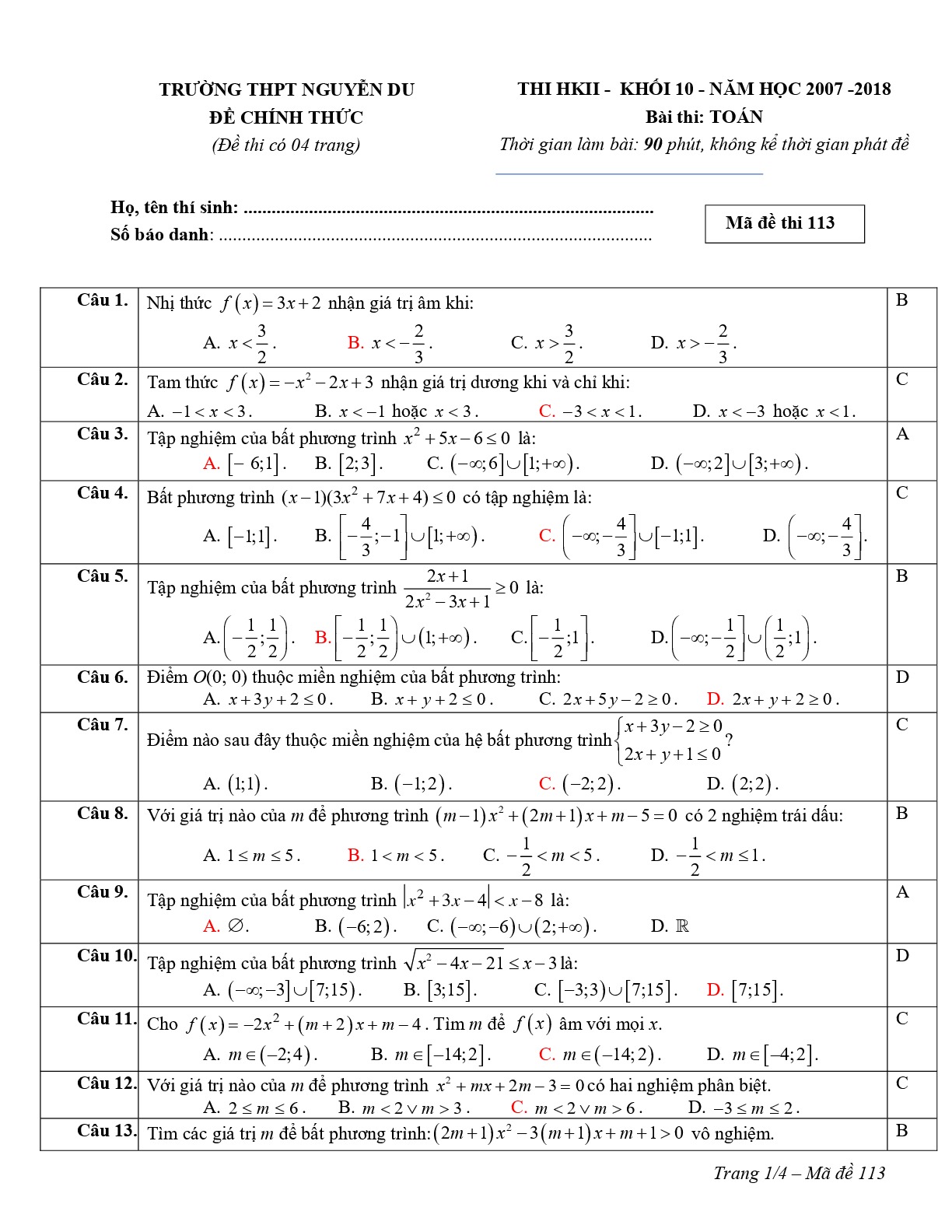 Đề 12: Đề thi HK2 Toán 10 năm học 2017 – 2018 trường THPT Nguyễn Du – Phú Yên Mã đề 113