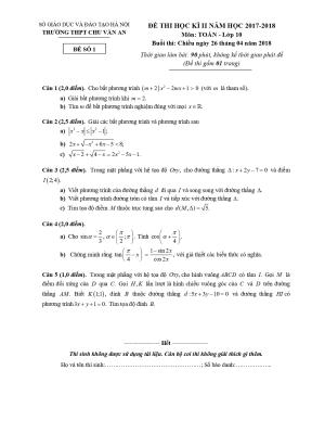 Đề 14: Đề thi học kỳ 2 Toán 10 năm 2017 – 2018 trường THPT Chu Văn An – Hà Nội
