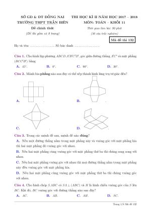 Đề 6: Đề thi HK2 Toán 11 năm 2017 – 2018 trường THPT Trấn Biên – Đồng Nai Mã đề 132