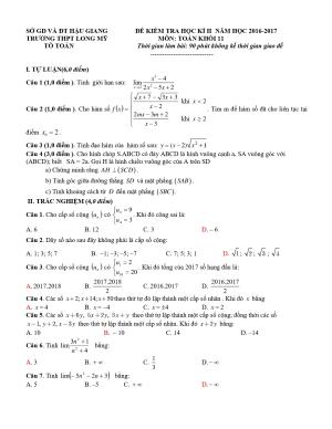 Đề 7: Đề thi HK2 Toán 11 năm học 2016 - 2017 trường THPT Long Mỹ - Hậu Giang