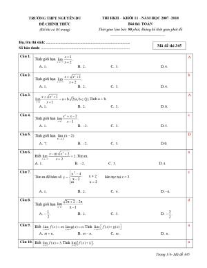 Đề 10: Đề thi HK2 Toán 11 năm học 2017 – 2018 trường THPT Nguyễn Du – Phú Yên Mã đề 345