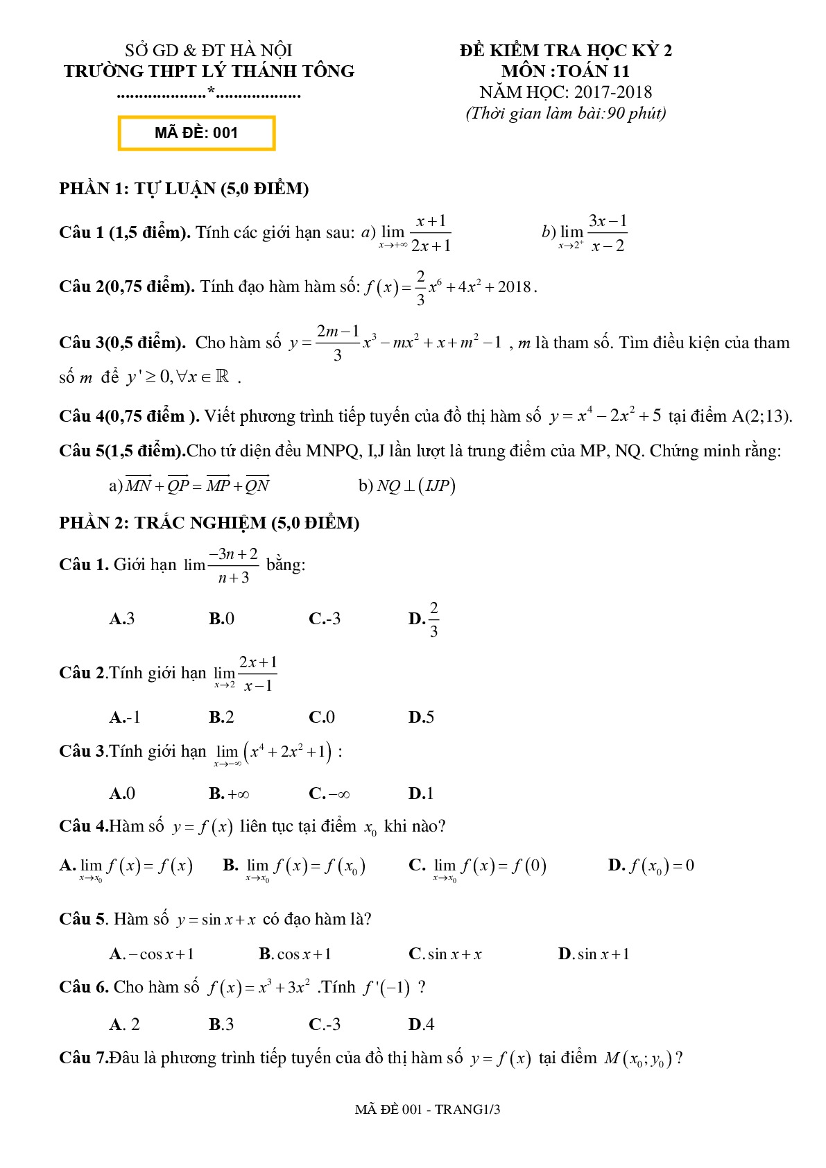 Đề 13: Đề thi học kỳ 2 Toán 11 năm 2017 – 2018 trường Lý Thánh Tông – Hà Nội Mã đề 001