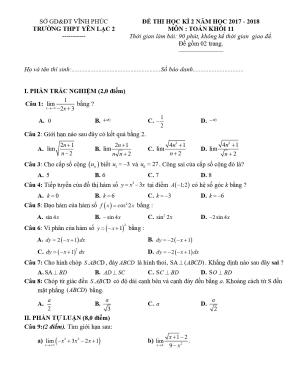Đề 15: Đề thi học kỳ 2 Toán 11 năm 2017 – 2018 trường THPT Yên Lạc 2 – Vĩnh Phúc