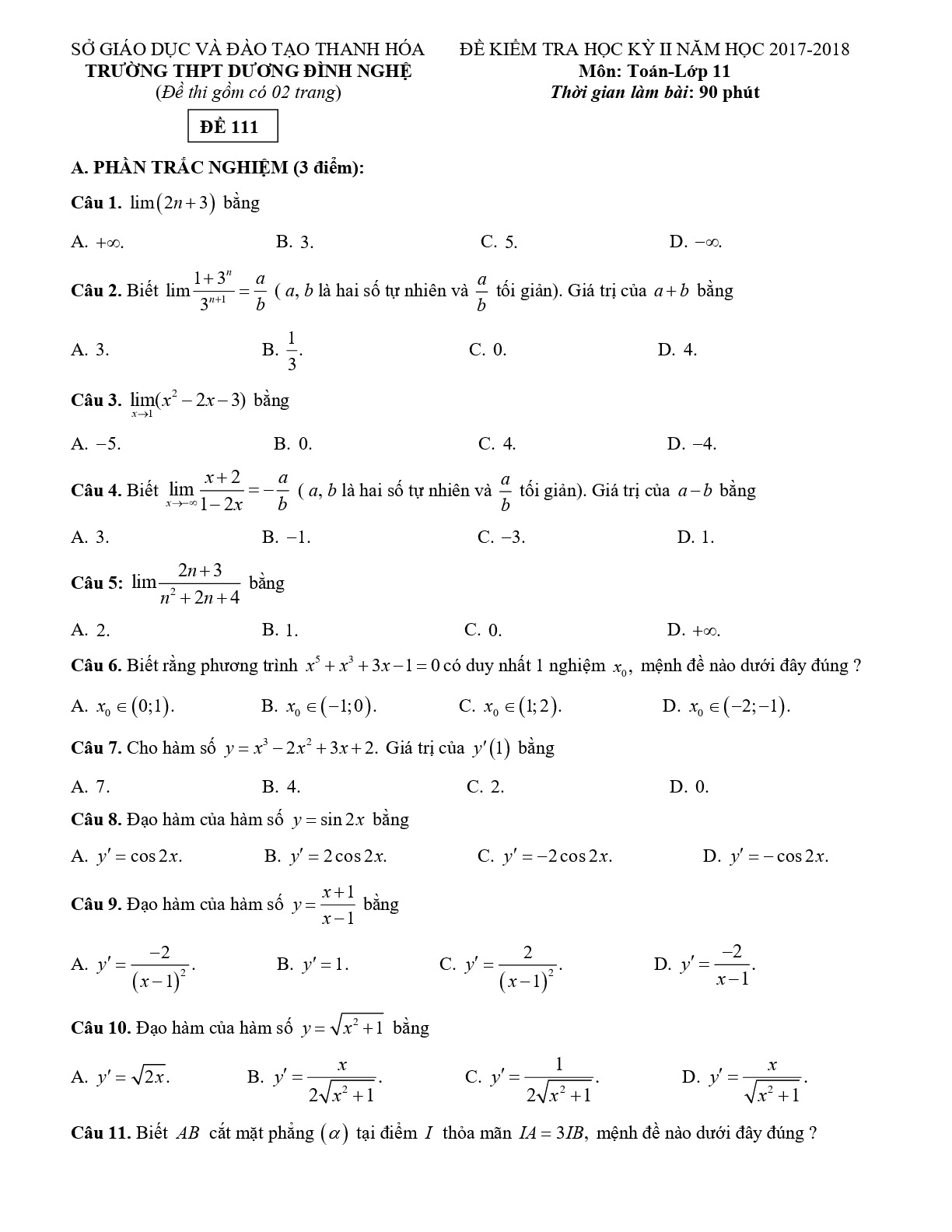 9.    Đề thi học kỳ 2 Toán 11 năm 2017 – 2018 trường THPT Dương Đình Nghệ – Thanh Hóa Mã đề 111