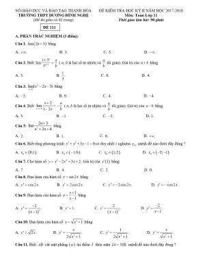 9.    Đề thi học kỳ 2 Toán 11 năm 2017 – 2018 trường THPT Dương Đình Nghệ – Thanh Hóa Mã đề 111