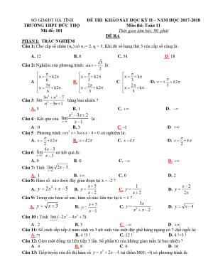 10.    Đề thi học kỳ 2 Toán 11 năm 2017 – 2018 trường THPT Đức Thọ – Hà Tĩnh Mã đề 101