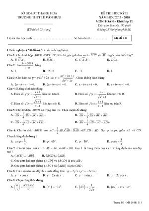 11.    Đề thi học kỳ 2 Toán 11 năm 2017 – 2018 trường THPT Lê Văn Hưu – Thanh Hóa Mã đề 111