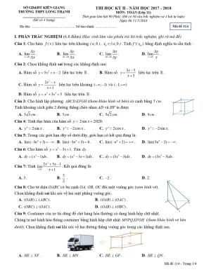 12.   Đề thi học kỳ 2 Toán 11 năm 2017 – 2018 trường THPT Long Thạnh – Kiên Giang Mã đề 114