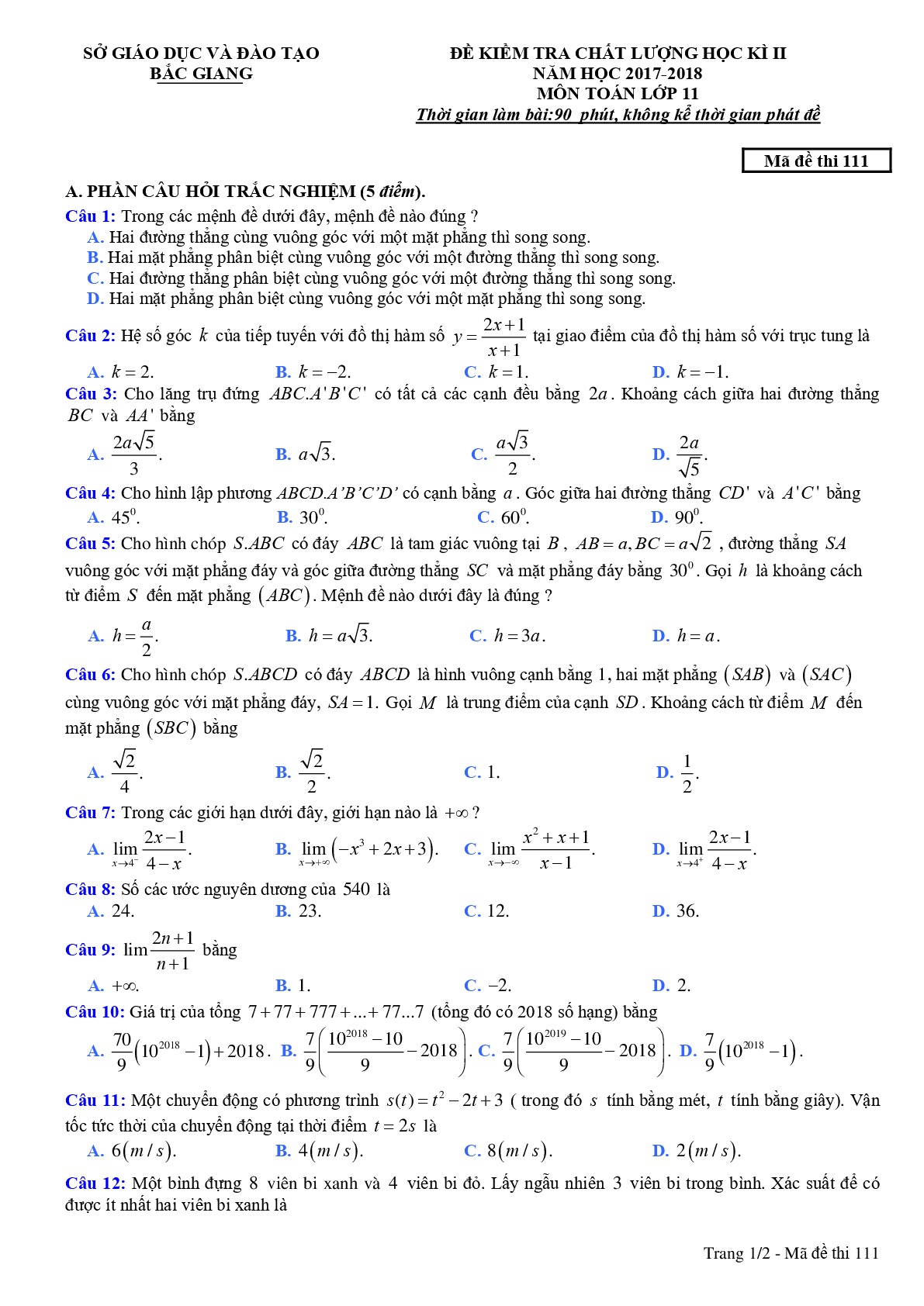 13.   Đề thi học kỳ 2 Toán 11 năm học 2017 – 2018 sở GD và ĐT Bắc Giang Mã đề 111