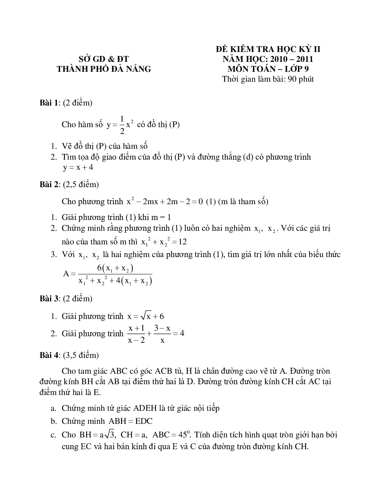 Toán 9 -  Đề kiểm tra HK2 - ĐÀ NẴNG 2010 - 2011
