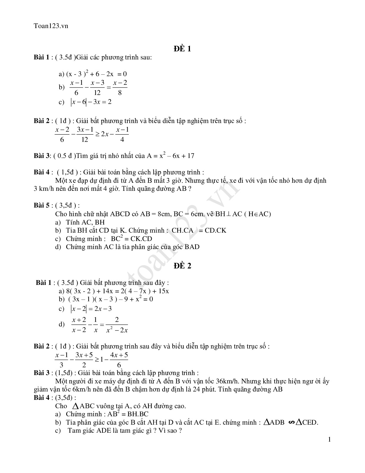 Bộ đề thi học kì 2 môn Toán 8