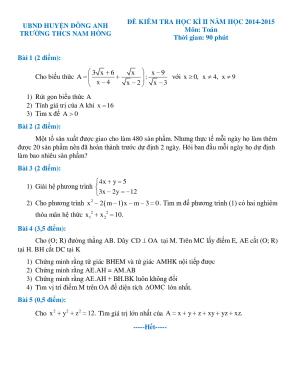 Toán 9- Đề kiểm tra HKII-THCS-NAM-HỒNG- ĐÔNG ANH-2014-2015