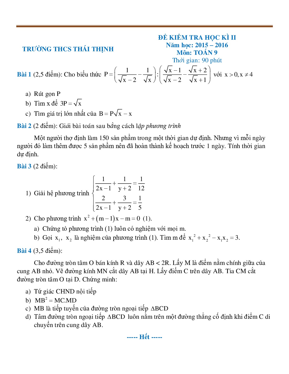 Toán9-Đề kiểm tra HKII-THCS-THÁI-THỊNH-2015-2016