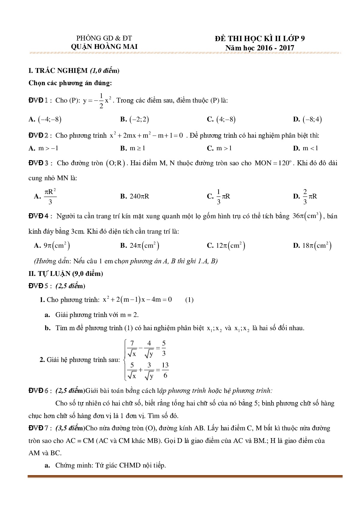Toán 9 Đề kiểm tra học kì 2 - Phòng GD&ĐT các Quận ở Hà Nội năm 2017-2018