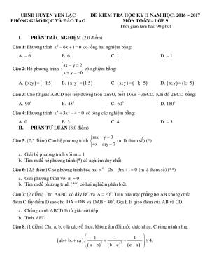 Toán 9 Đề kiểm tra học kì 2- Phòng GD&ĐT Huyện Yên Lạc năm 2016-2017