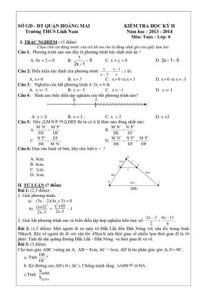 Toán 8- Đề kiểm tra học kì 2- Trường THCS Lĩnh Nam- Hoàng Mai năm 2013-2014
