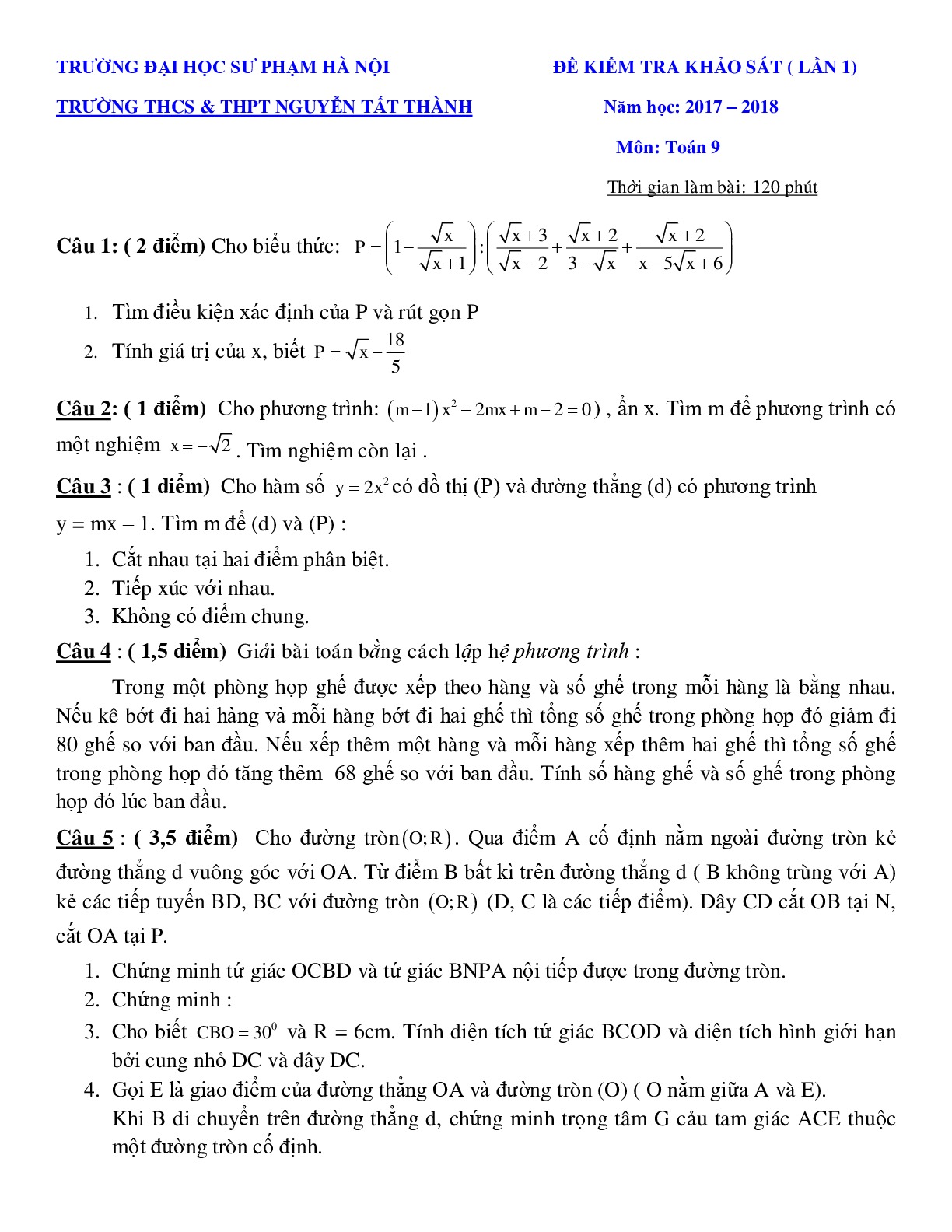 Toán 9- Đề khảo sát chất lượng (lần 1)- Trường THCS-THPT Nguyễn Tất Thành- DDHSP Hà Nội năm 2017-2018