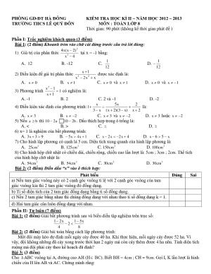 Toán 8-  Đề kiểm tra học kì 2- Trường THCS  Lê Quý Đôn- Hà Đông-năm 2012-2013