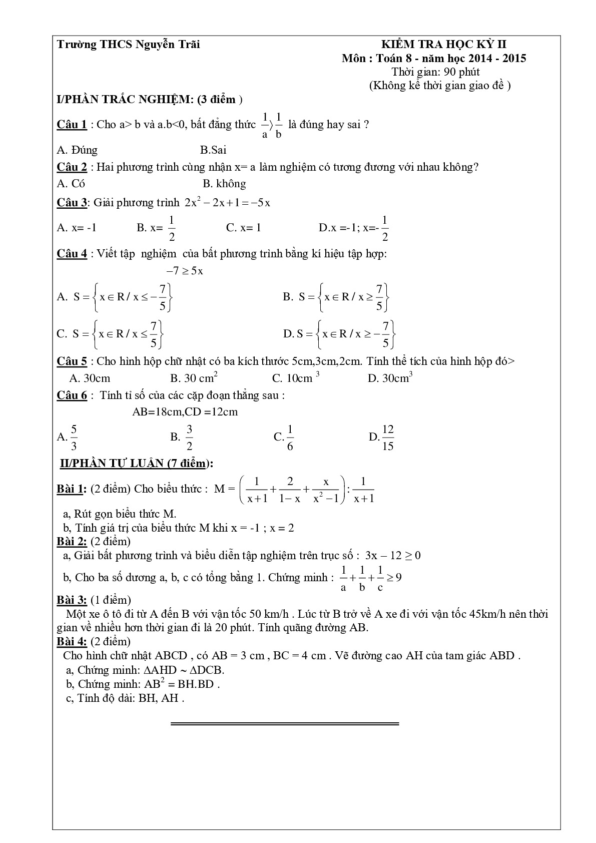 Toán 8-  Đề kiểm tra học kì 2- Trường THCS  Nguyễn Trãi- năm 2014-2015