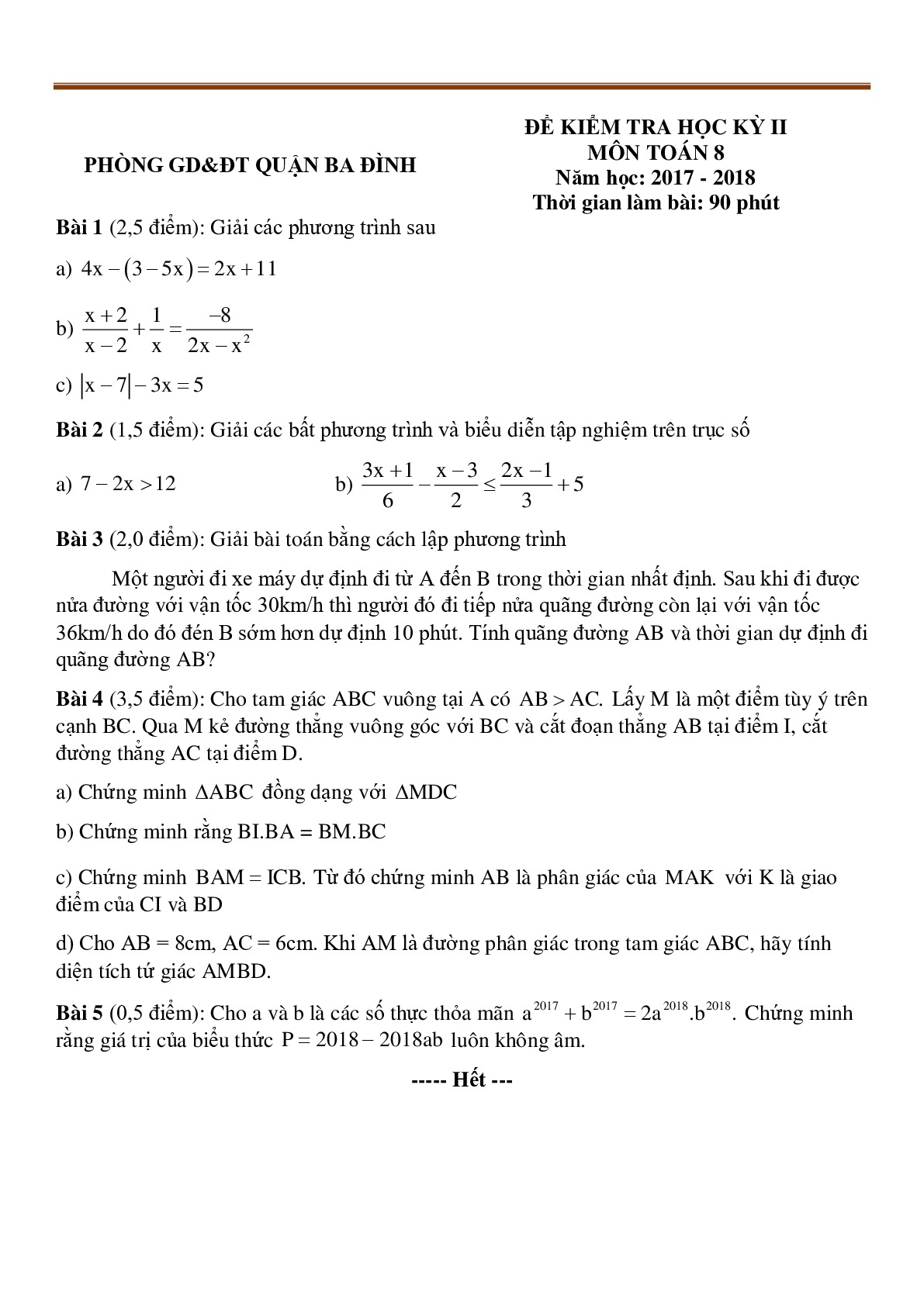 Toán 8-  Đề kiểm tra học kì 2- Phòng GD&ĐT- Quận Ba Đình - năm 2017-2018