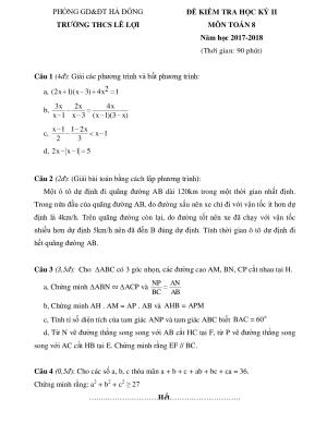 Toán 8-  Đề kiểm tra học kì 2- Trường THCS Lê Lợi- Hà Đông - năm 2017-2018