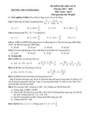 Toán 8-  Đề kiểm tra học kì 2- Trường THCS Minh Khai - năm 2017-2018