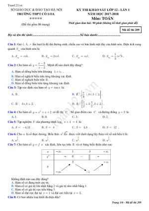 Đề khảo sát môn Toán lớp 12 lần 1 THPT Cổ Loa Hà Nội 2018