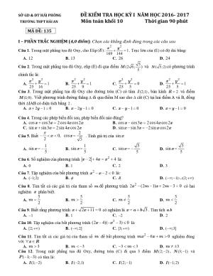 Đề thi Học Kì 2 Toán 10 năm học 2016 - 2017 trường THPT Hải An - Hải Phòng Mã đề 135