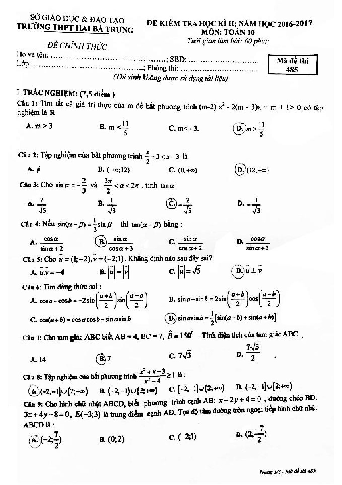 Đề thi Học Kì 2 Toán 10 năm học 2016 - 2017 trường THPT Hai Bà Trưng - TT. Huế Mã đề 485