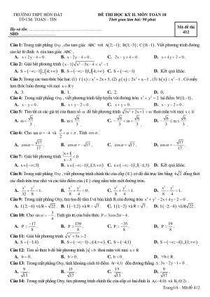 Đề thi Học Kì 2 Toán 10 năm học 2016 - 2017 trường THPT Hòn Đất - Kiên Giang Mã đề 412