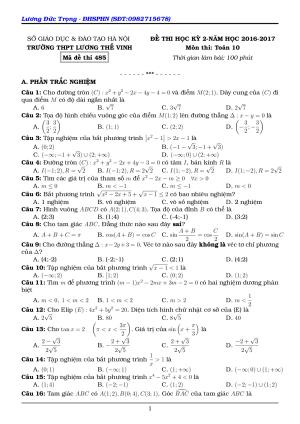 Đề thi Học Kì 2 Toán 10 năm học 2016 - 2017 trường THPT Lương Thế Vinh - Hà Nội Mã đề 485