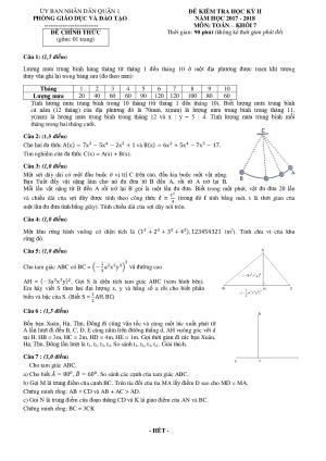 Toán 7 Đề thi học kì 2 - Phòng GD&ĐT Quận 1 - Thành Phố Hồ Chí Minh năm 2017-2018