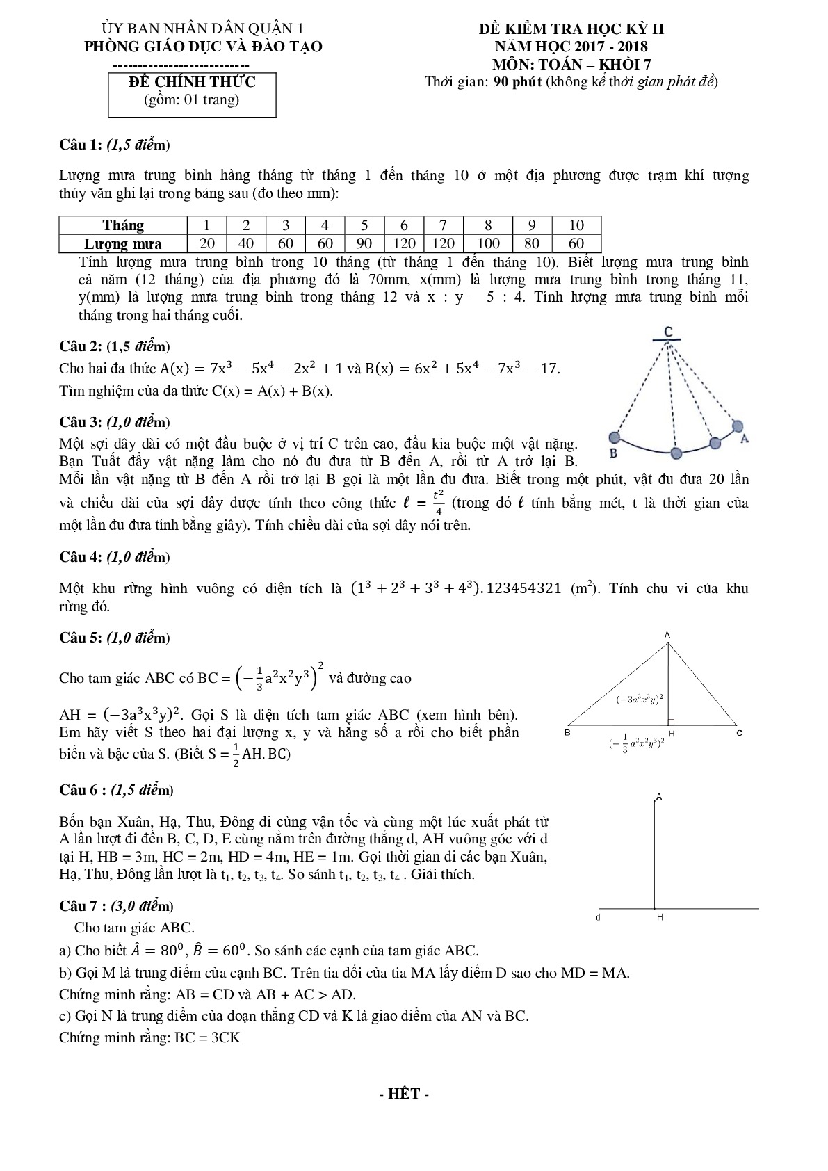 Toán 7 Đề thi học kì 2 - Phòng GD&ĐT Quận 1 - Thành Phố Hồ Chí Minh năm 2017-2018