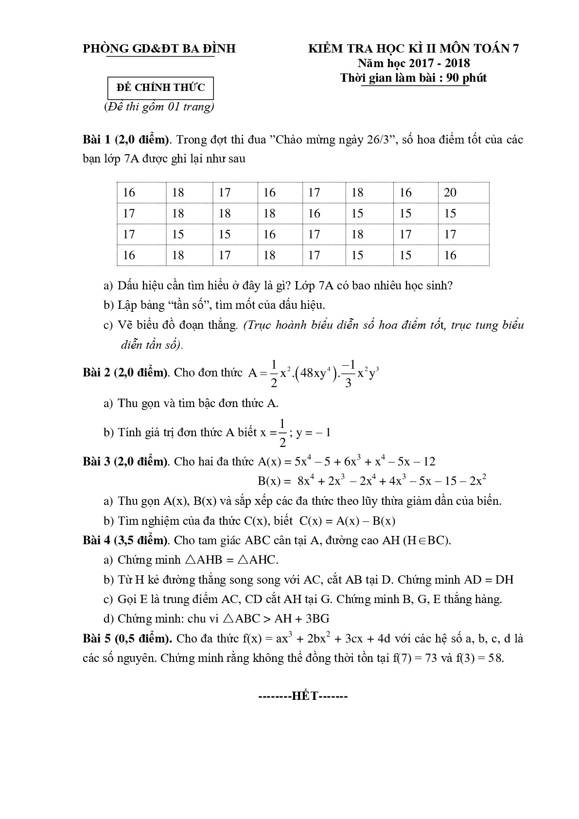 Toán 7 Đề thi học kì 2 - Phòng GD&ĐT Quận Ba Đình  năm 2017-2018