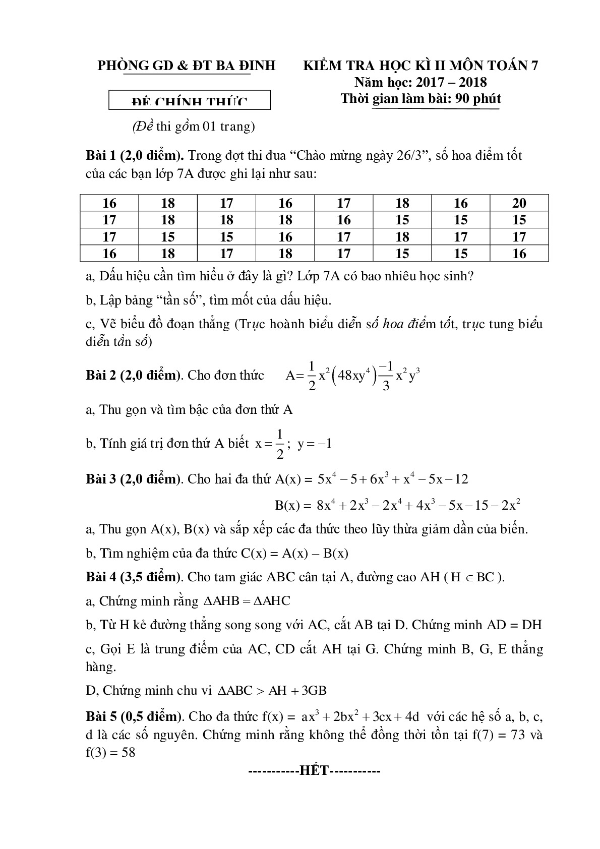 Toán 7 Đề thi học kì 2 - Phòng GD&ĐT Quận Ba Đình- Hà Nội  năm 2017-2018