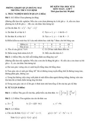 Toán 7 Đề thi học kì 2 - Trường THSC Tân Định- Hoàng Mai - Hà Nội  năm 2017-2018