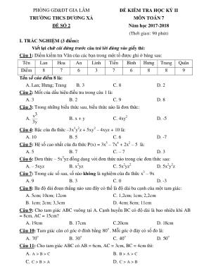 Toán 7 Đề thi học kì 2- Trường THCS Dương Xá - Gia Lâm năm 2017-2018 Đề số 2
