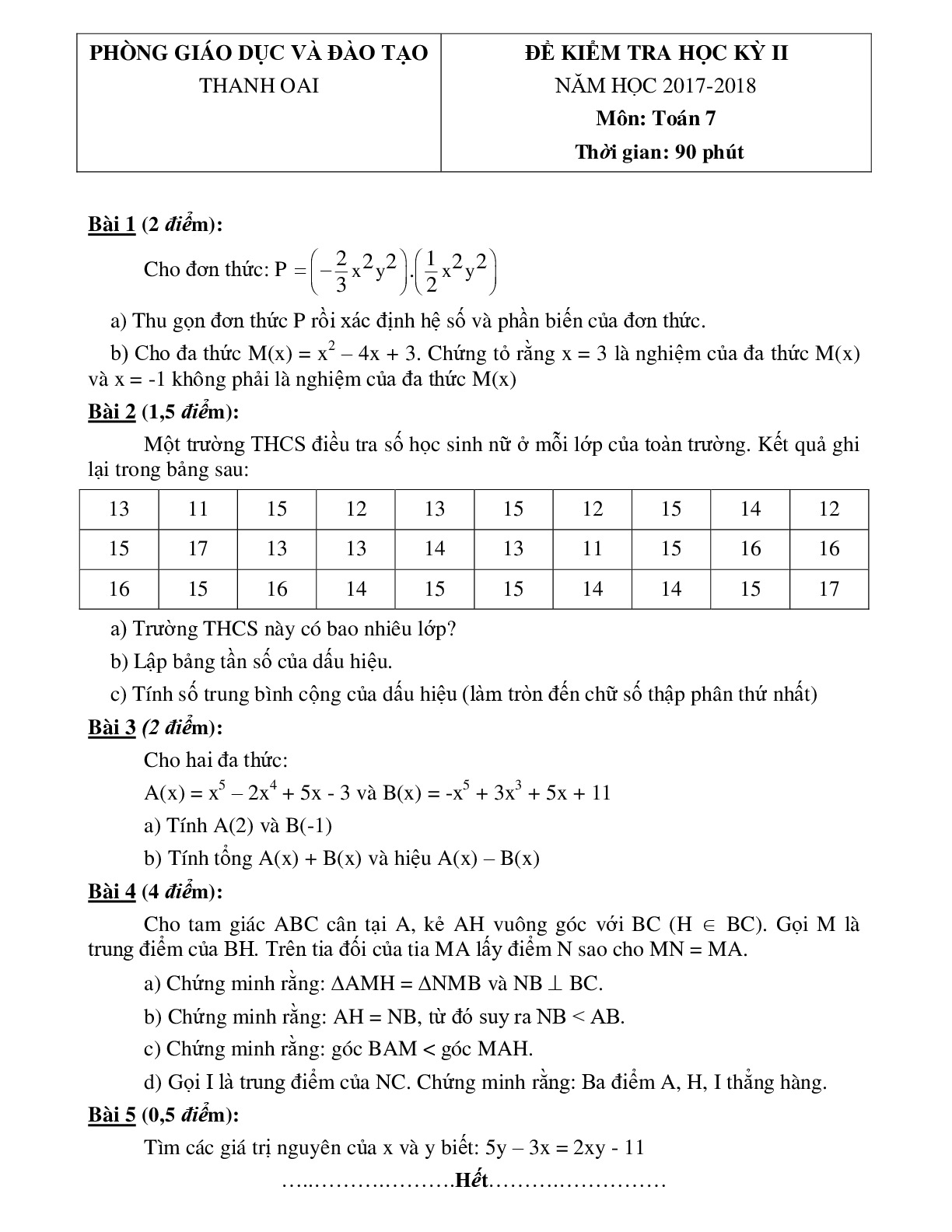 Toán 7 Đề thi học kì 2- Phòng GD&ĐT Thanh Oai năm 2017-2018