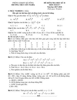 Toán 7 Đề thi học kì 2- Trường THCS Yên Nghĩa- Hà Đông năm 2017-2018