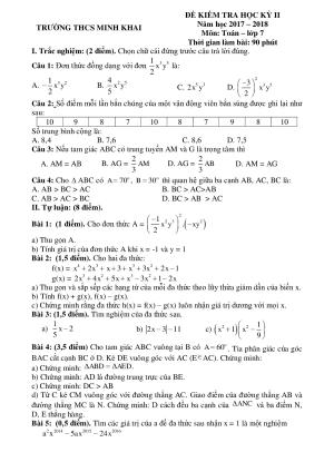Toán 7 Đề thi học kì 2- Trường THCS Minh Khai năm 2017-2018