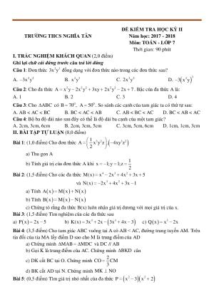 Toán 7 Đề thi học kì 2- Trường THCS Nghĩa Tân năm 2017-2018