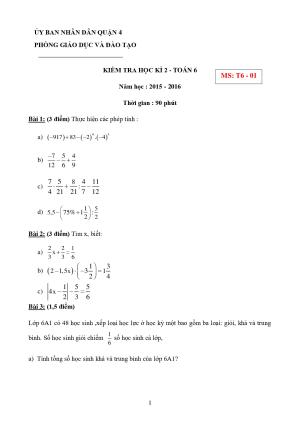 Toán 6- Đề kiểm tra học kì 2 - Phòng GD&ĐT Quận 4- TP HCM năm 2015-2016